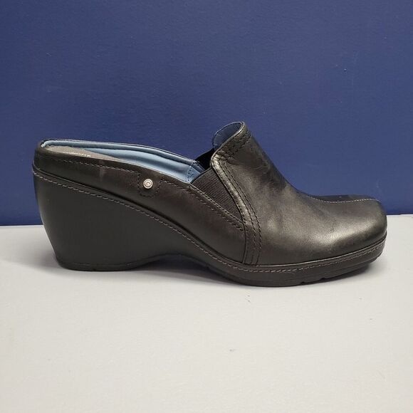 Rockport Wedge Mules Clogs Womens Size 7.5 Black Leather Square‎ Toe Slip On - Picture 3 of 15